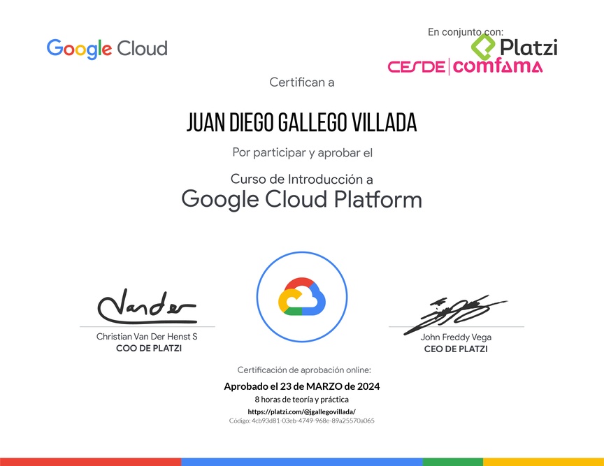 Diploma del Curso de Introducción a Google Cloud Platform