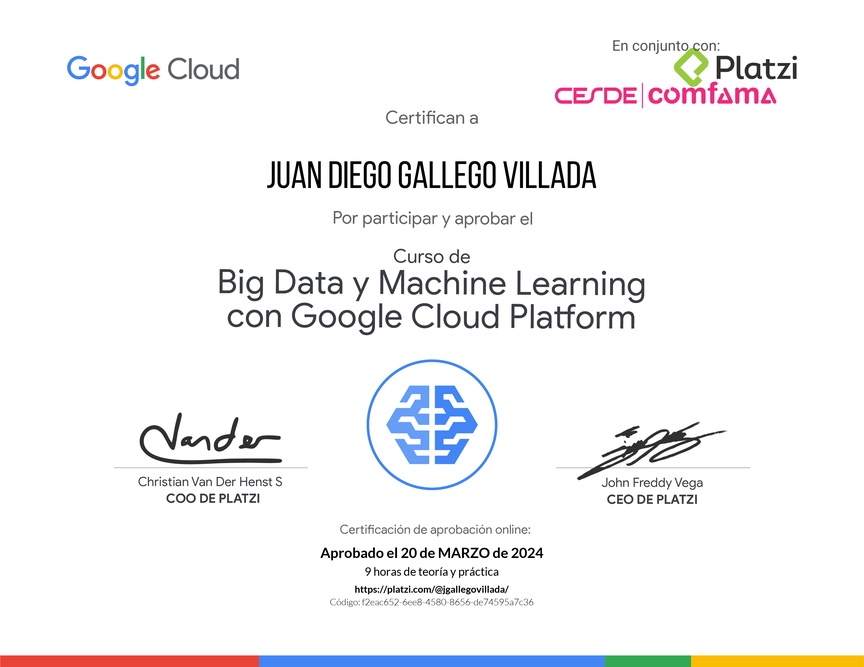 Diploma del Curso de Big Data y Machine Learning con Google Cloud Platform
