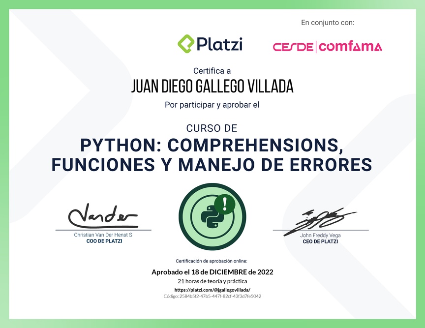 Diploma del Curso de Python: Comprehensions, Funciones y Manejo de Errores
