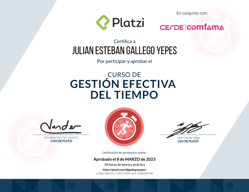 Diploma del Curso de Gestión Efectiva del Tiempo