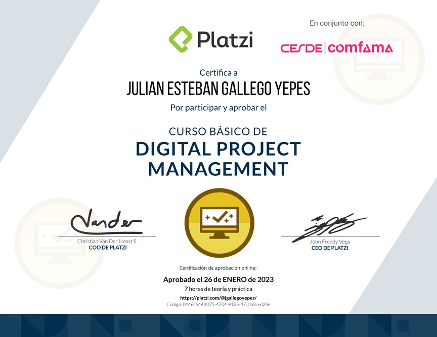 Diploma del Curso Básico de Digital Project Management