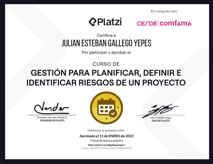 Diploma del Curso de Gestión para Planificar, Definir e Identificar Riesgos de un Proyecto