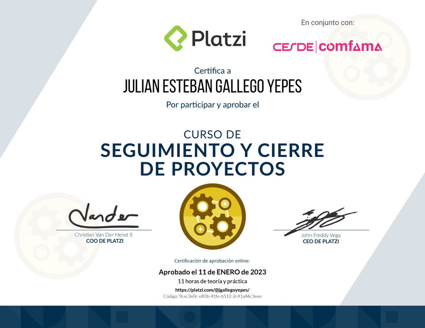 Diploma del Curso de Seguimiento y Cierre de Proyectos