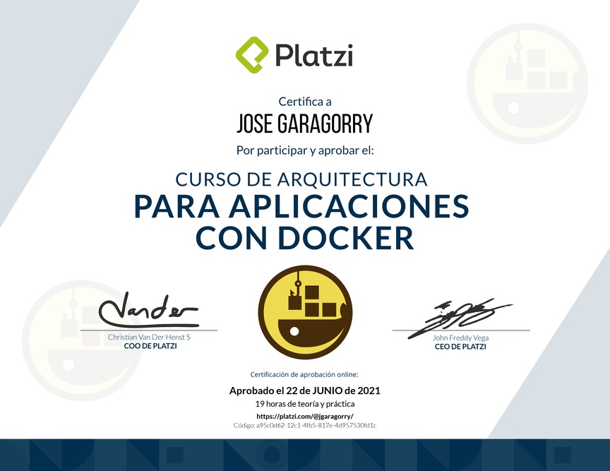 Diploma del Curso de Arquitectura de Aplicaciones con Docker 2018