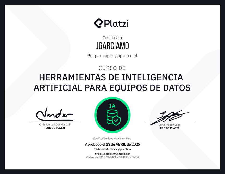 Diploma del Curso de Herramientas de Inteligencia Artificial para Equipos de Datos