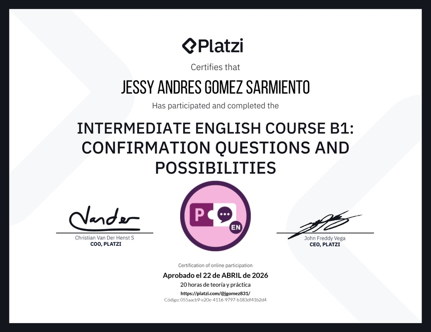 Diploma del Curso de Inglés Intermedio B1: Preguntas de Confirmación y Posibilidades