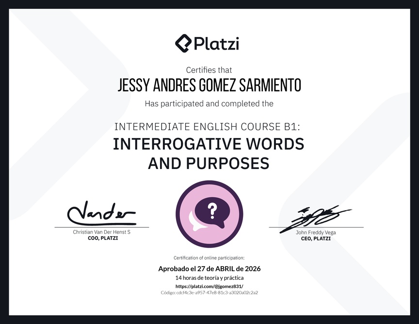 Diploma del Curso de Inglés Intermedio B1: Palabras Interrogativas y Propósitos