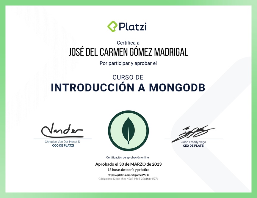Diploma del Curso de Introducción a MongoDB
