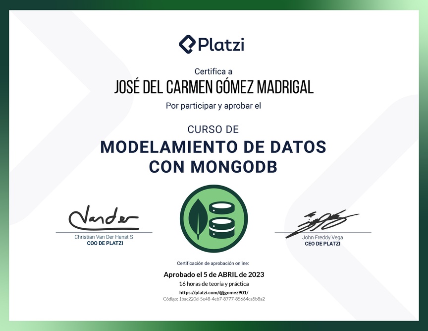 Diploma del Curso de Modelado de Datos en MongoDB