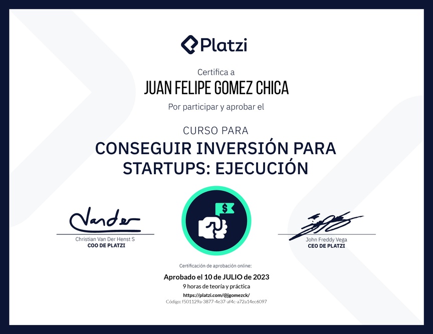 Diploma del Curso para Conseguir Inversión para Startups: Ejecución
