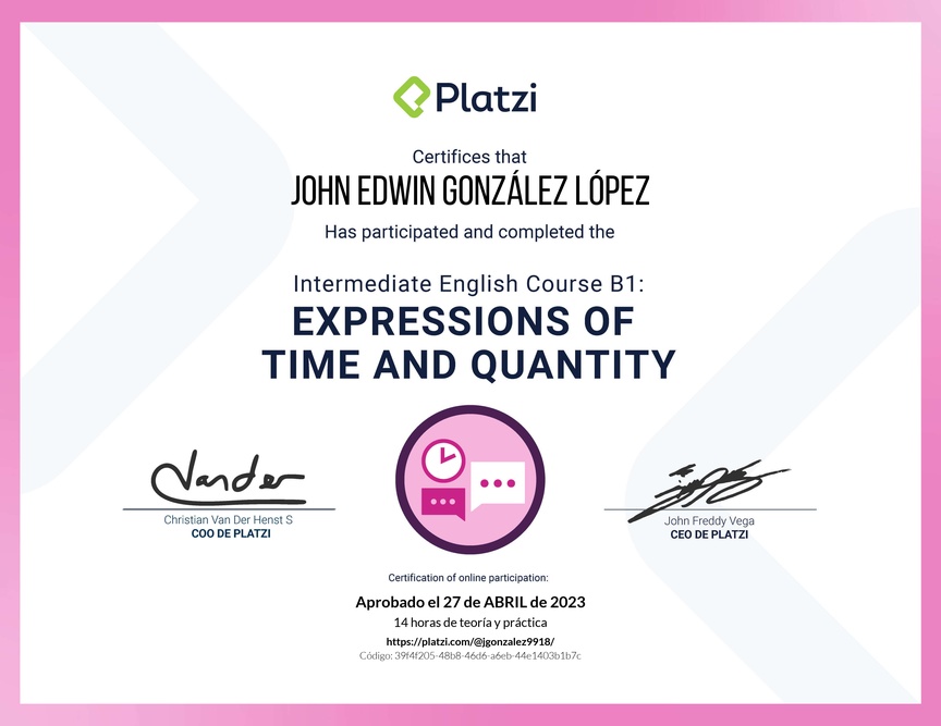 Diploma del Curso de Inglés Intermedio B1: Expresiones de Tiempo y Cantidad