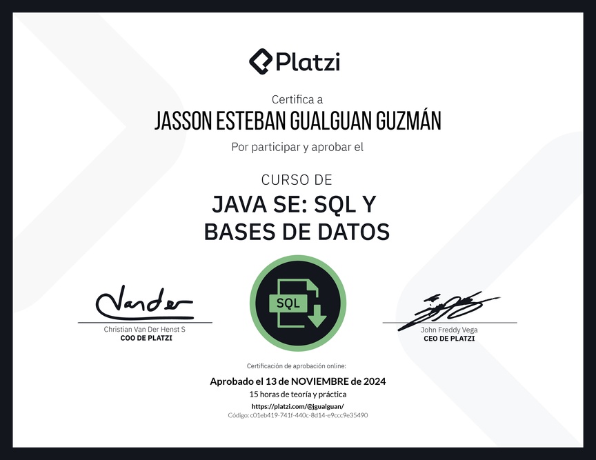Diploma del Curso de Java SE: SQL y Bases de Datos