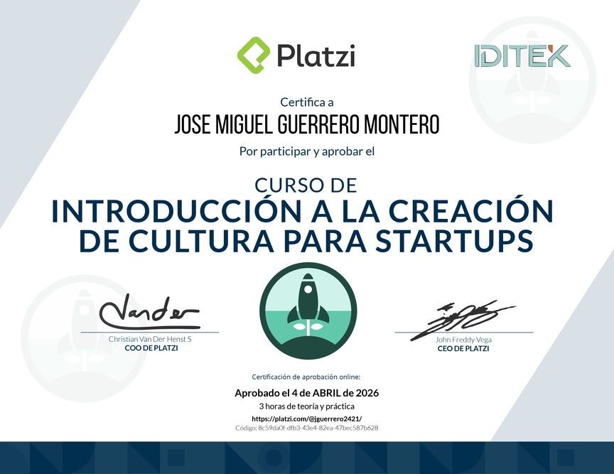 Diploma del Curso de Introducción a la Creación de Cultura para Startups