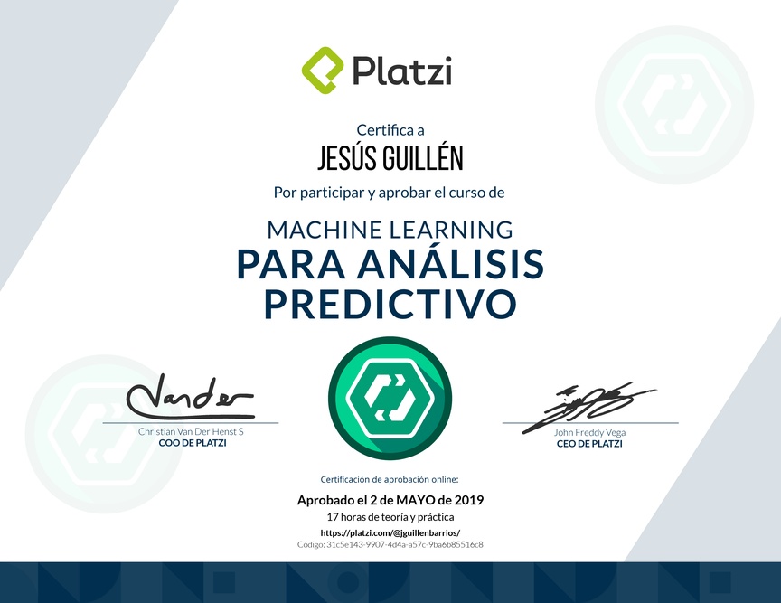 Diploma del Curso de Machine Learning para Análisis Predictivo