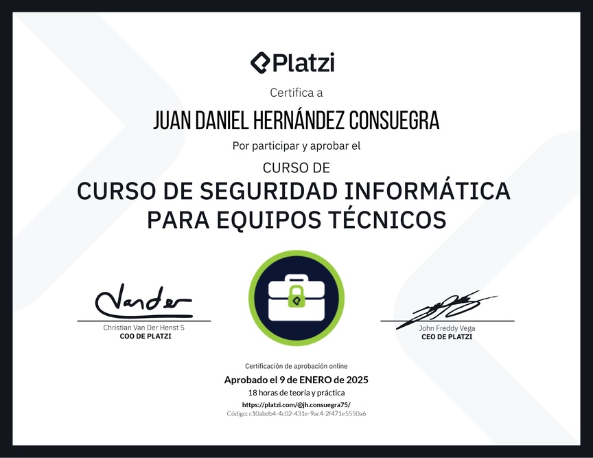 Diploma del Curso de Seguridad Informática para Equipos Técnicos