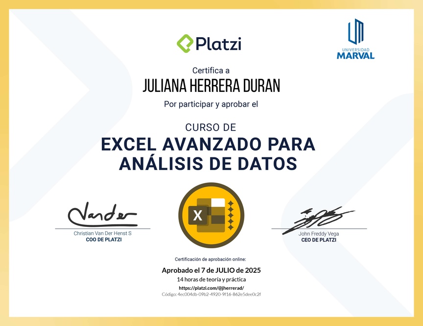 Diploma del Curso de Excel Avanzado para Análisis de Datos