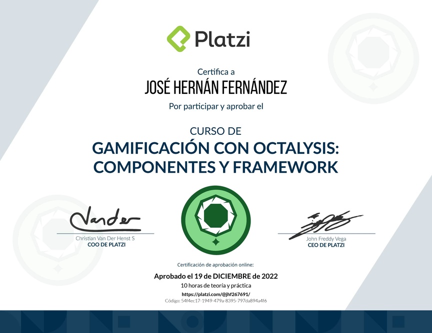 Diploma del Curso de Gamificación con Octalysis: Componentes y Framework