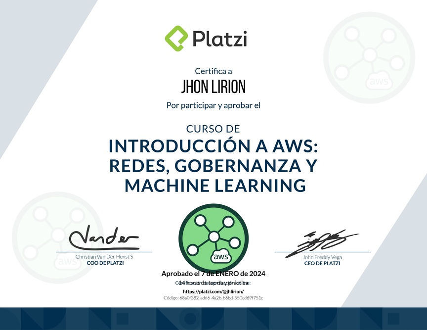 Diploma del Curso de Introducción a AWS: Redes, Gobernanza y Machine Learning