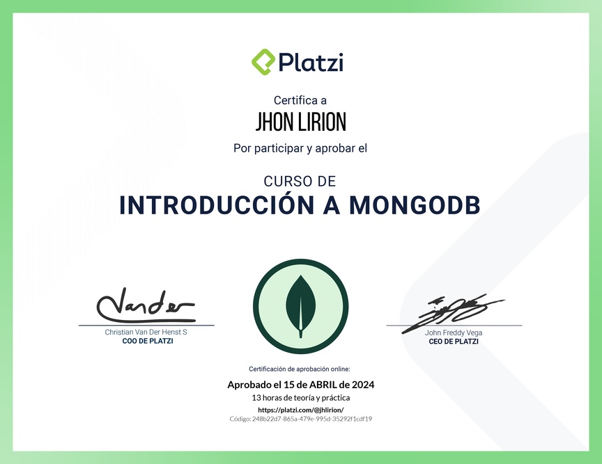 Diploma del Curso de Introducción a MongoDB