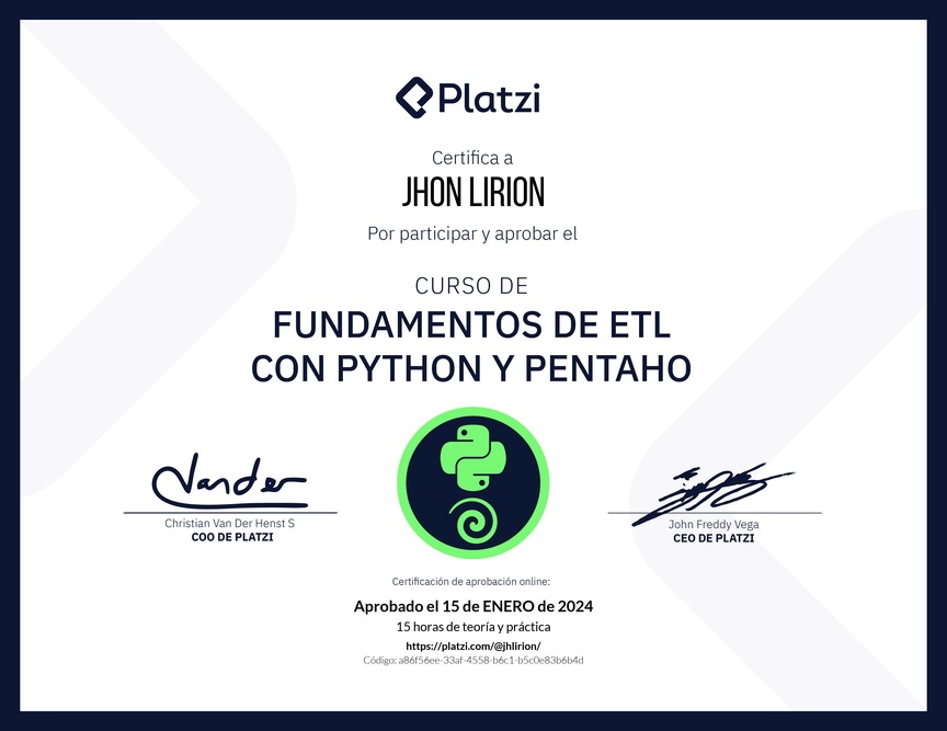 Diploma del Curso de Fundamentos de ETL con Python y Pentaho