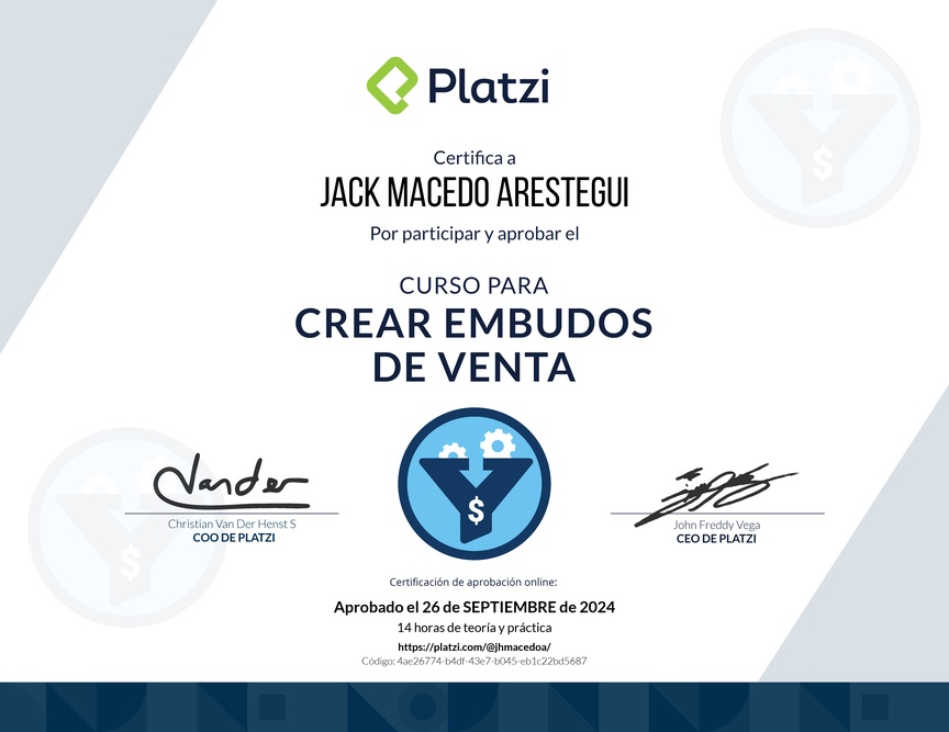 Diploma del Curso de Creación y Optimización de Embudos de Venta (2022)