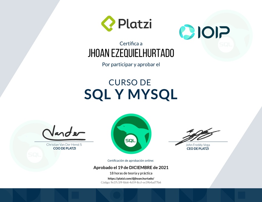 Diploma del Curso de SQL y MySQL 2018