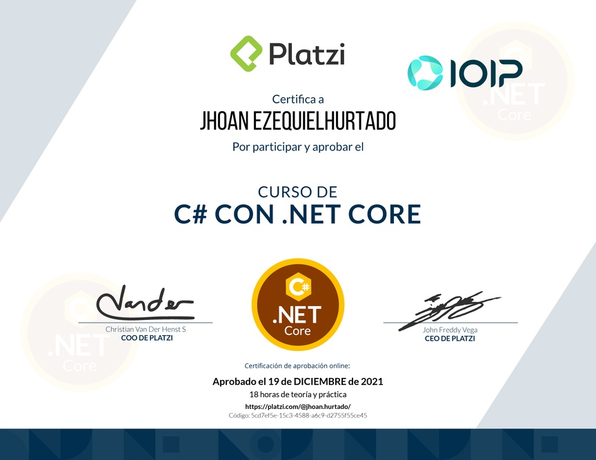 Diploma del Curso de C# con .Net Core 2.1
