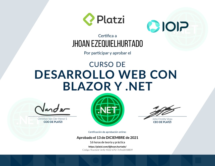 Diploma del Curso de Desarrollo Web con Blazor y .Net Core 3