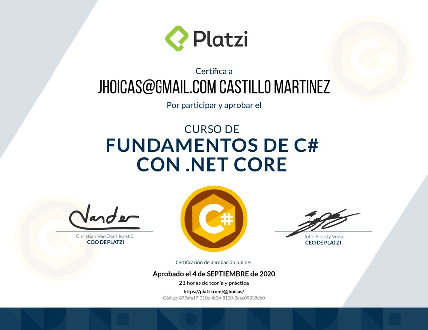 Diploma de Fundamentos de C# con NET Core 2.1