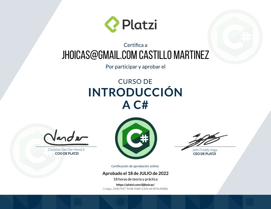 Diploma del Curso de Introducción a C# con .NET 3.1