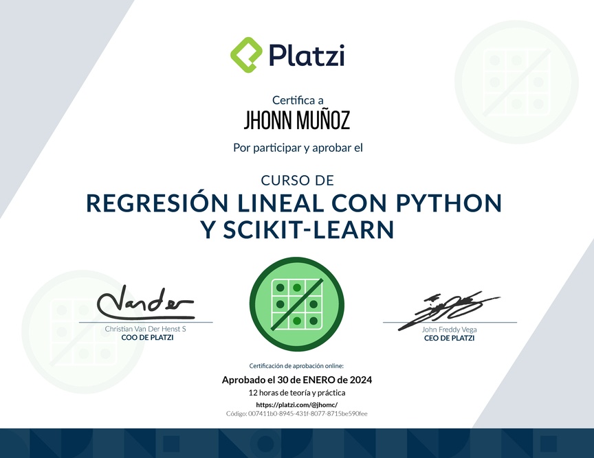 Diploma del Curso de Regresión Lineal con Python y scikit-learn