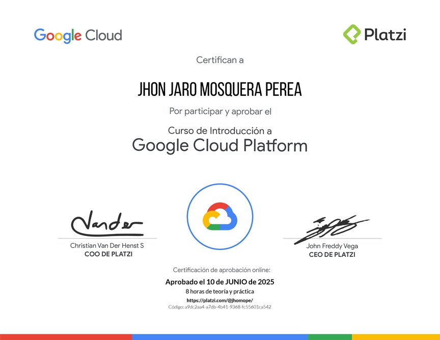 Diploma del Curso de Introducción a Google Cloud Platform