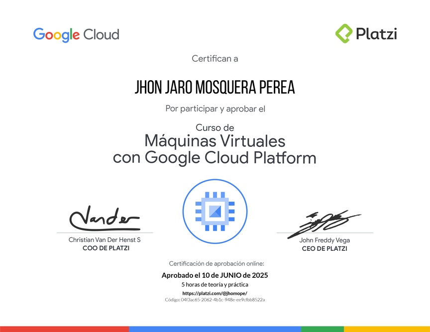 Diploma del Curso de Máquinas Virtuales con Google Cloud Platform