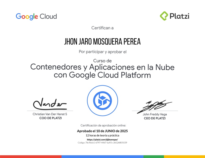 Diploma del Curso de Contenedores y Aplicaciones en la Nube con Google Cloud Platform