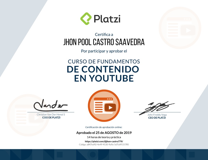 Diploma del Curso de Fundamentos de Contenido de YouTube