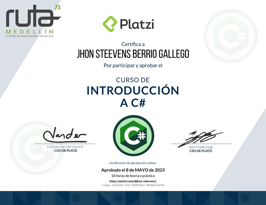Diploma del Curso de Introducción a C# con .NET 3.1