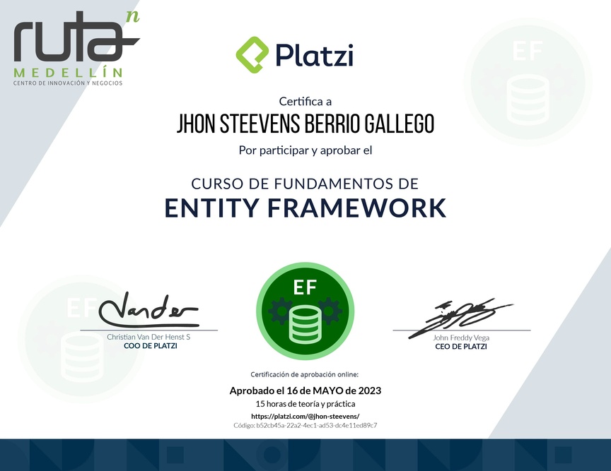 Diploma del Curso de Fundamentos de Entity Framework