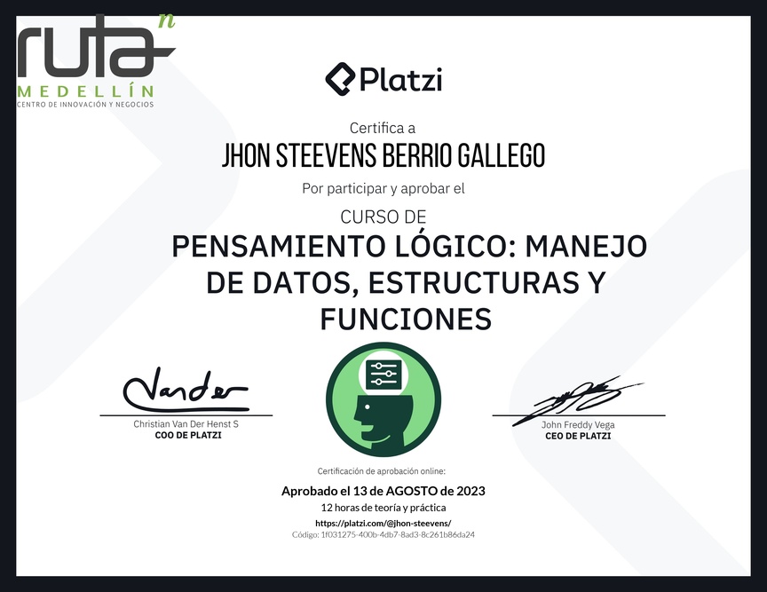 Diploma del Curso de Pensamiento Lógico: Manejo de Datos, Estructuras y Funciones