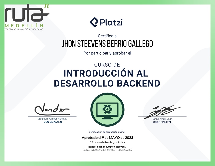Diploma del Curso de Introducción al Desarrollo Backend