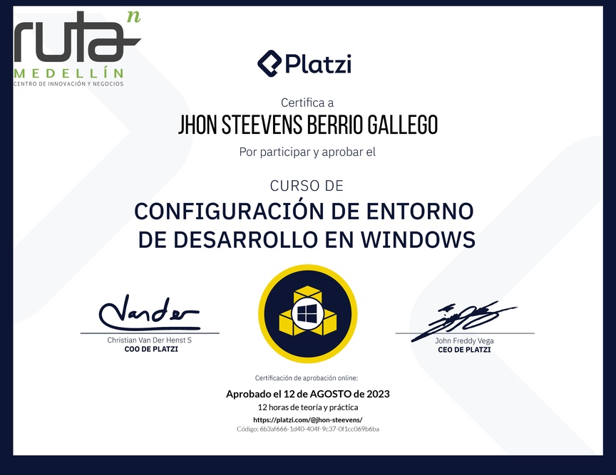 Diploma del Curso de Configuración de Entorno de Desarrollo en Windows