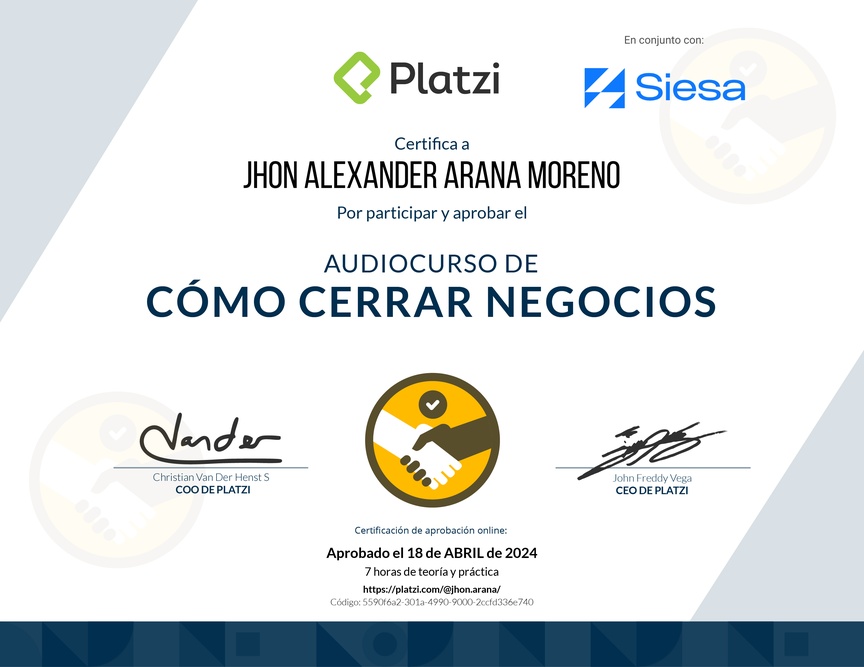 Diploma de Audiocurso de Negociación Efectiva para Cerrar Negocios