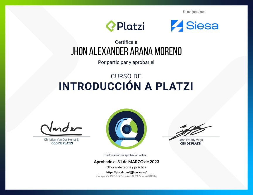 Diploma del Curso de Introducción a Platzi
