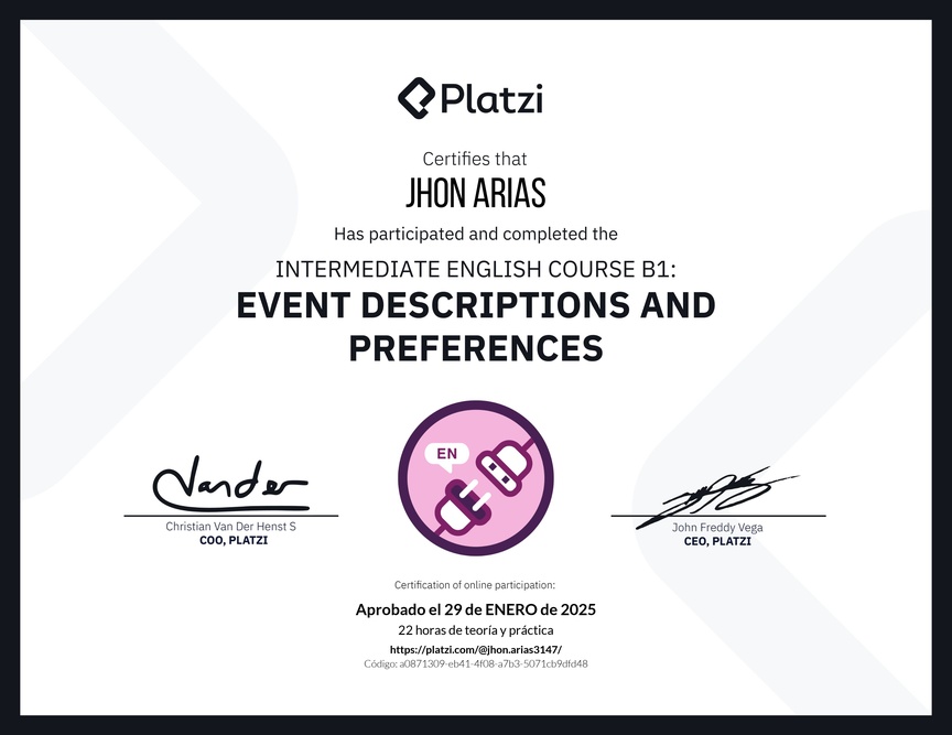 Diploma del Curso de Inglés Intermedio B1: Descripción de Eventos y Preferencias