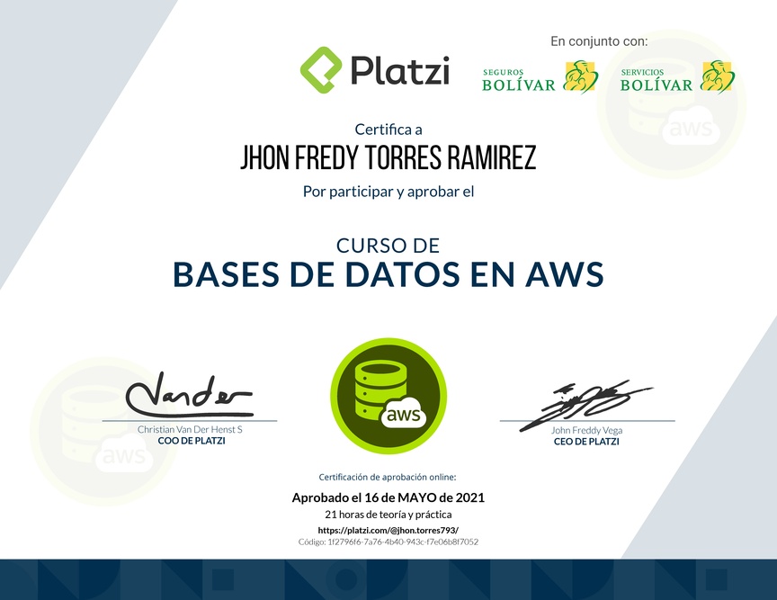 Diploma del Curso Práctico de Bases de Datos en AWS