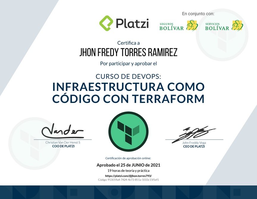 Diploma del Curso de Infraestructura Como Código con Terraform