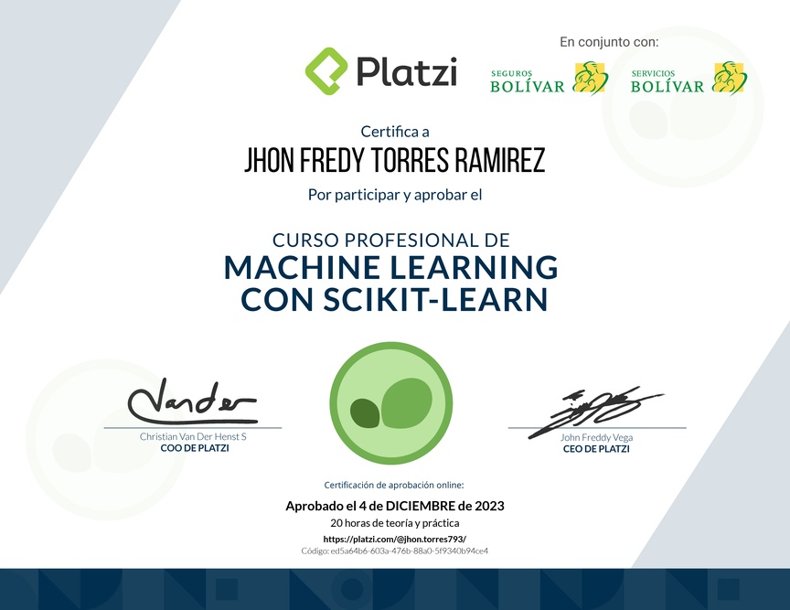 Diploma del Curso Profesional de Machine Learning con scikit-learn