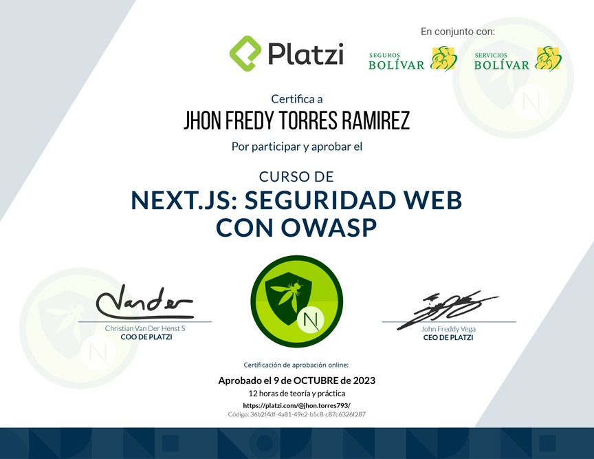 Diploma del Curso de Next.js: Seguridad Web con OWASP