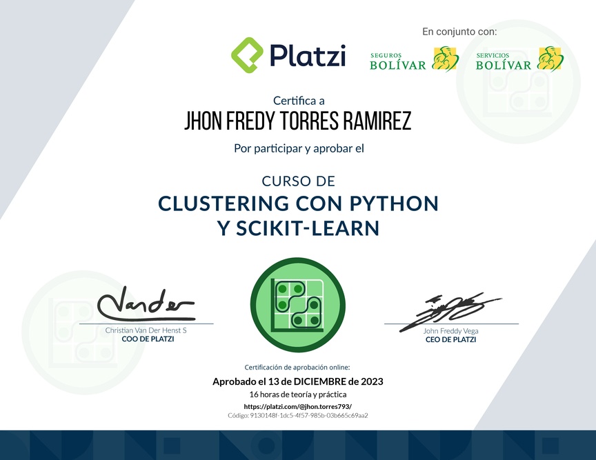 Diploma del Curso de Clustering con Python y scikit-learn