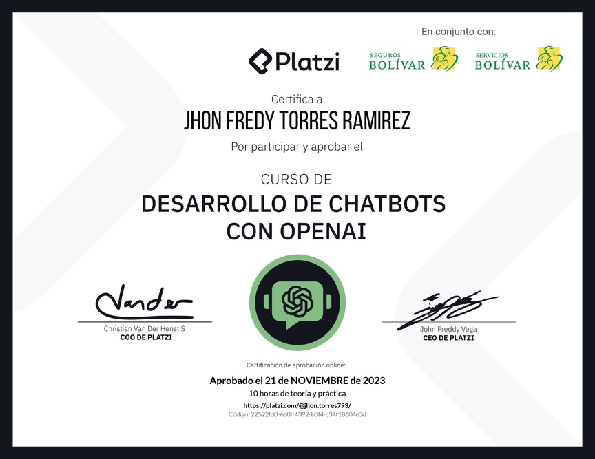 Diploma del Curso de Desarrollo de Chatbots con OpenAI