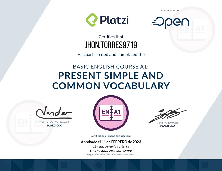 Diploma del Curso de Inglés Básico A1: Presente Simple y Vocabulario Común (2021)